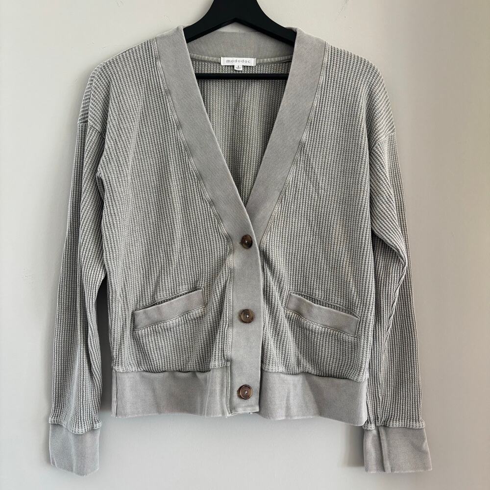 Mododoc Waffle Knit Gray Cardigan Women Size Small
